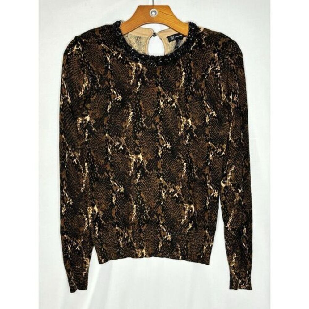 International Concepts INC Animal Print Fine Knit Sweater Sz‎ S GUC Beaded Neck